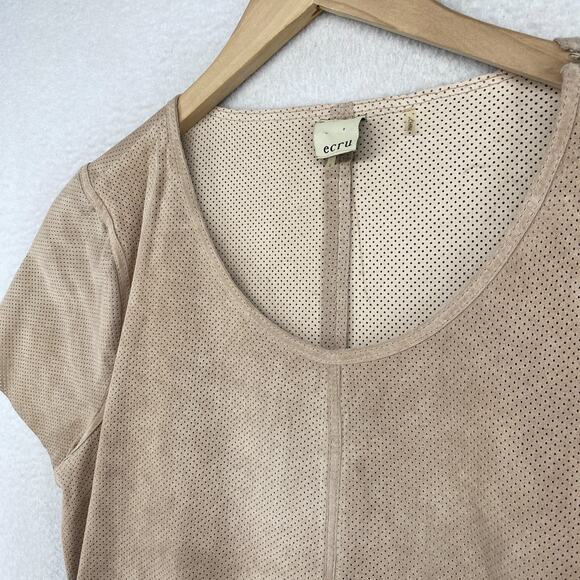 ECRU Brand Top Womens S Suede Leather Short Sleeve Scoop Neck Minimalist Beige - Picture 5 of 13